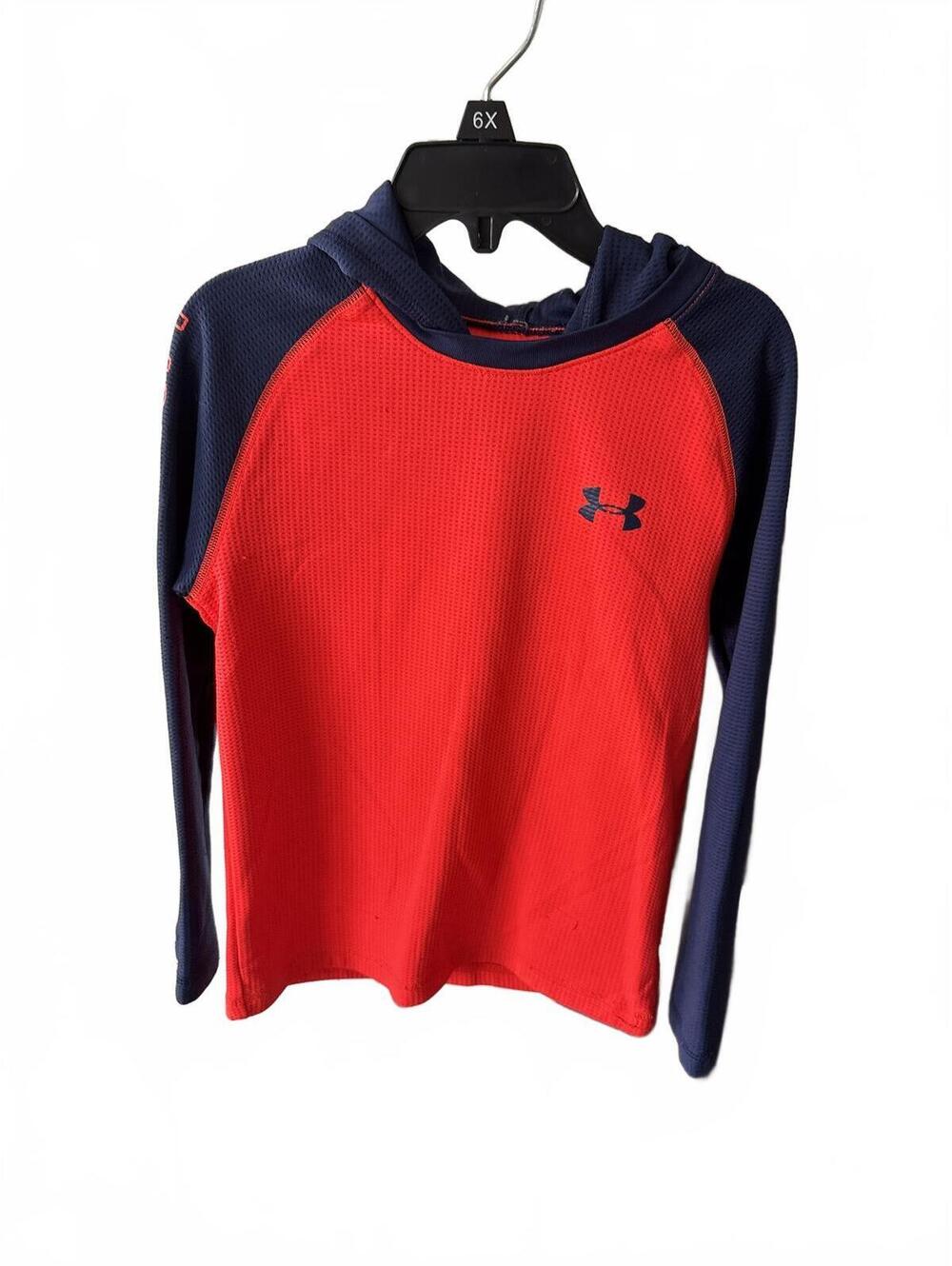Under Armour Boys Size 5 Hooded Long Sleeve Performance Shirt Red Navy Kids